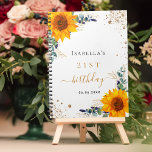 Guest book birthday sunflowers eucalyptus<br><div class="desc">A white background colour. Decorated with sunflowers,  eucalyptus greenery,  golden foliage and faux gold glitter dust.  Add a name,  age and a date.</div>