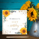 Guest book birthday sunflowers eucalyptus<br><div class="desc">A white background colour. Decorated with sunflowers,  eucalyptus greenery,  golden foliage and faux gold glitter dust.  Add a name,  age and a date.</div>