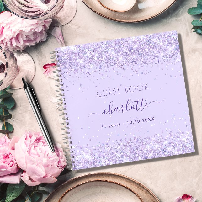 Guest book birthday violet lavender glitter name  (Creator Uploaded)