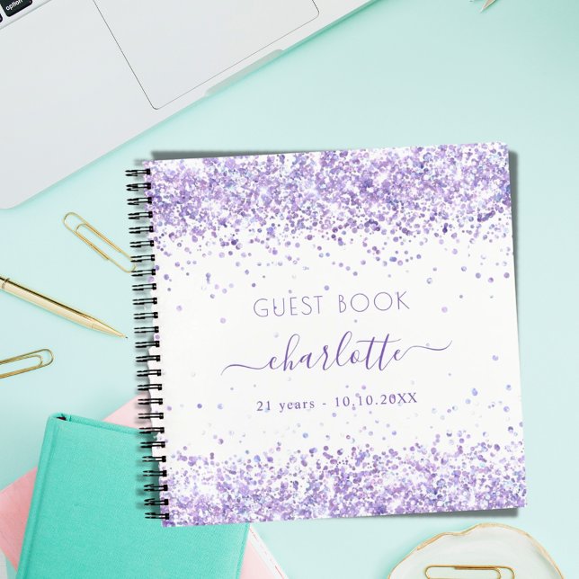 Guest book birthday violet white lavender glitter (Creator Uploaded)