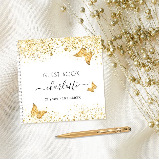 Guest book birthday white gold butterflies glitter (Creator Uploaded)