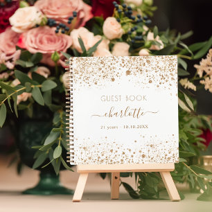 Guest book birthday white gold glitter monogram