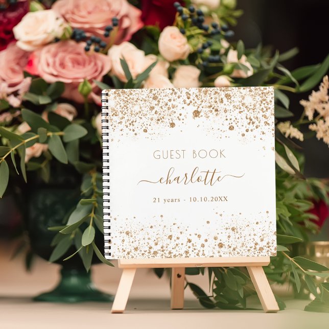 Guest book birthday white gold glitter name script (Creator Uploaded)