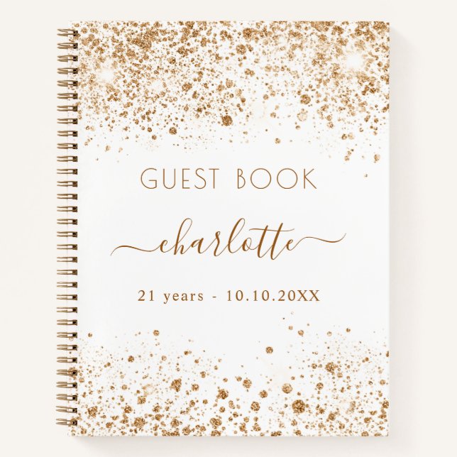 Guest book birthday white gold glitter name script (Front)