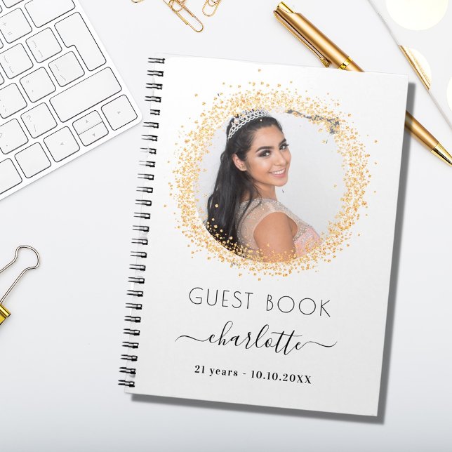 Guest book birthday white gold glitter photo (Creator Uploaded)