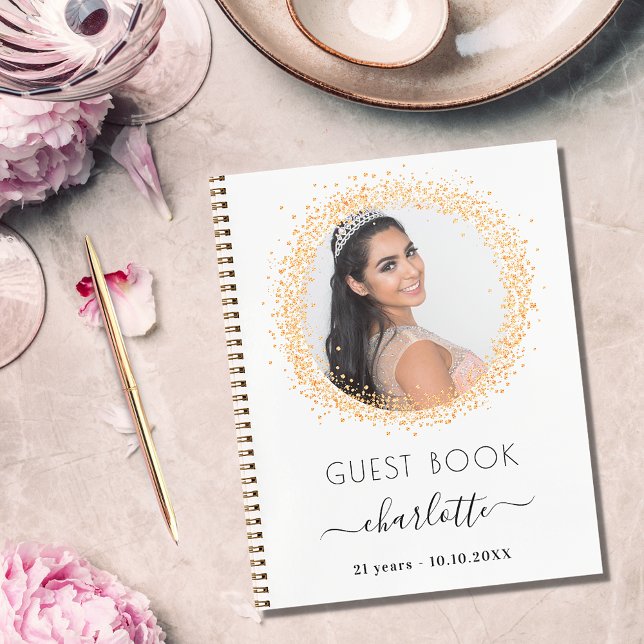 Guest book birthday white gold glitter photo (Creator Uploaded)