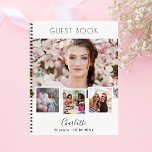 Guest book birthday white photo collage<br><div class="desc">Create your own unique photo collage. Use four,  4 of your favourite photo.   Personalise and a name and age/dates. A white background,  black text.</div>