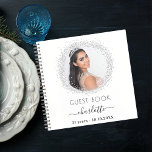 Guest book birthday white silver glitter photo<br><div class="desc">A guest book for a feminine and glamourous 21st (or any age) birthday party.  A stylish white background with faux silver glitter sparkles round the photo.  Add your name,  age 21,  date and a photo.</div>