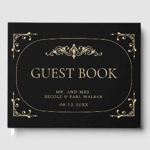 Guest Book Black Elegant Art Deco Gold Wedding