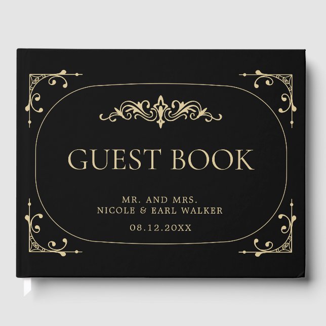 Guest Book Black Elegant Art Deco Gold Wedding (Front)