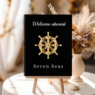 Guest book black yacht name gold steering wheel