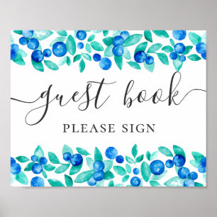 Guest book. Blue mint blueberries script wedding Poster