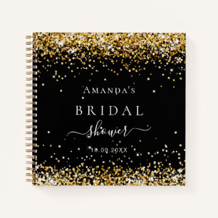 Guest book bridal shower black gold glitter name