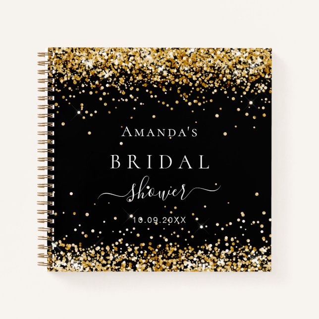 Guest book bridal shower black gold glitter name (Front)