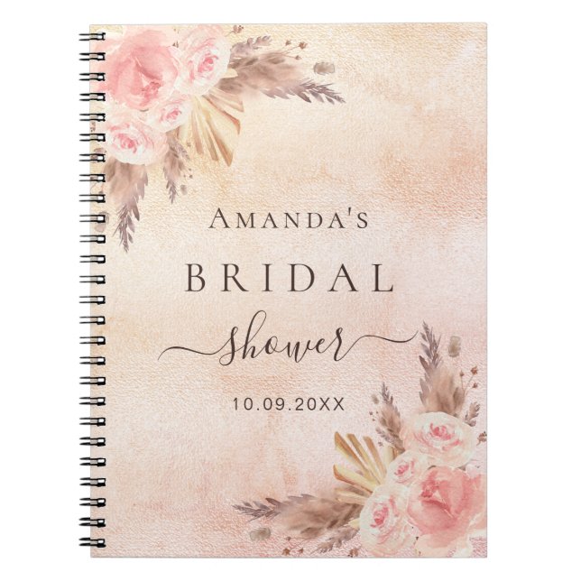 Guest book Bridal Shower pink flowers roses pampas (Front)