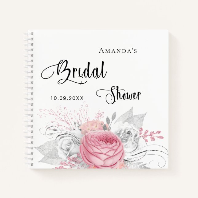 Guest book bridal shower pink silver flowers (Front)