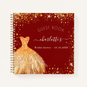 Guest book bridal shower red gold glitter dress 