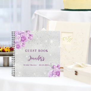 Guest book Bridal Shower silver pink violet flower