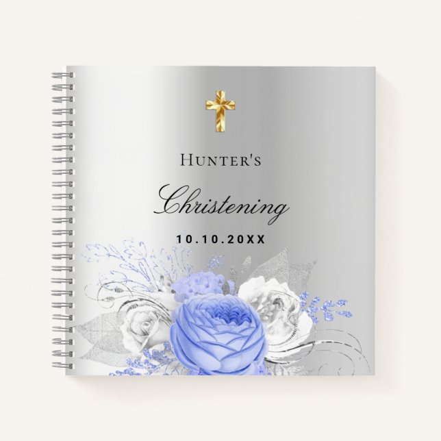 Guest book christening blue boy florals silver (Front)