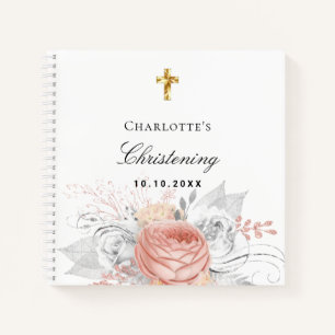 Guest book christening rose gold florals silver