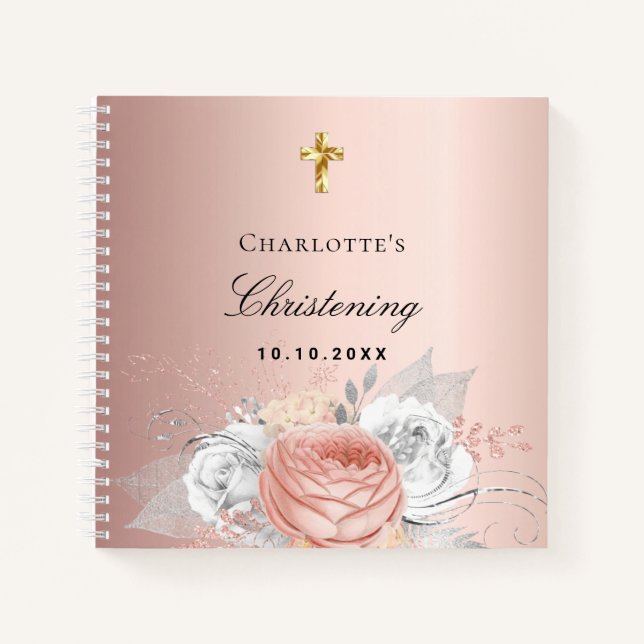 Guest book christening rose gold florals silver (Front)