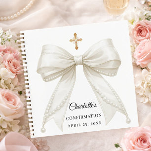 Guest book Confirmation bow ivory white pearls