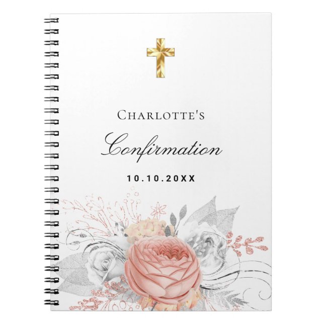 Guest book confirmation rose gold floral silver (Front)