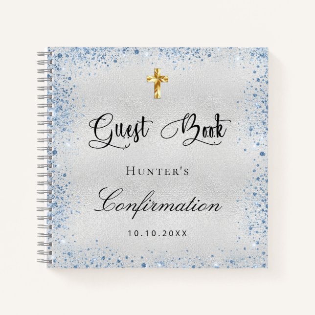 Guest book confirmation silver blue boy name (Front)