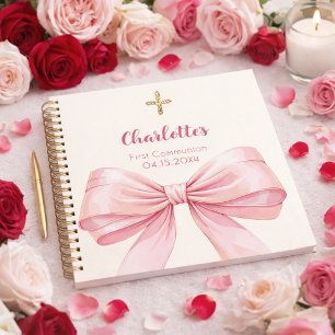 Guest book First Communion blush pink bow cream