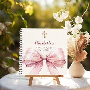Guest book First Communion blush pink bow cream