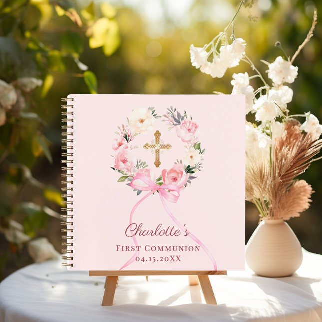 Guest book First Communion blush pink bow florals (Creator Uploaded)