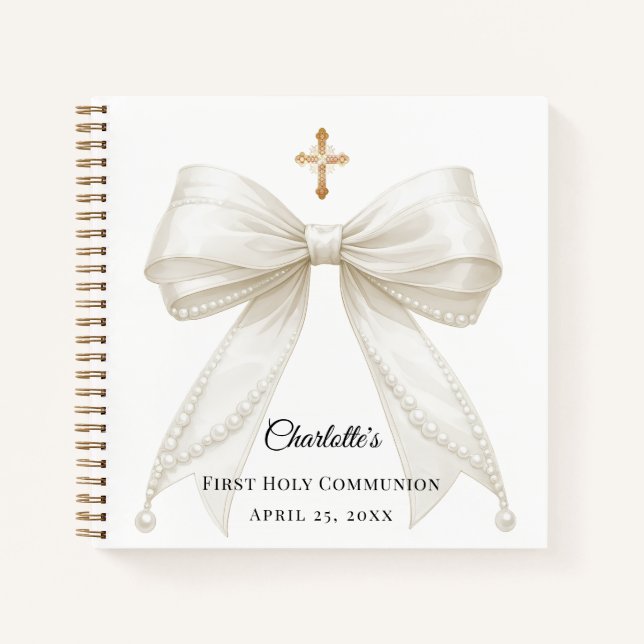 Guest book First Communion bow ivory white pearls (Front)