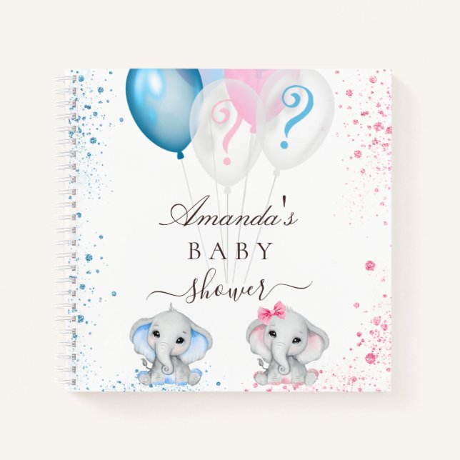 Guest book gender reveal boy girl elephants (Front)