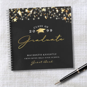 Guest Book Graduation Black Gold Stars Lights