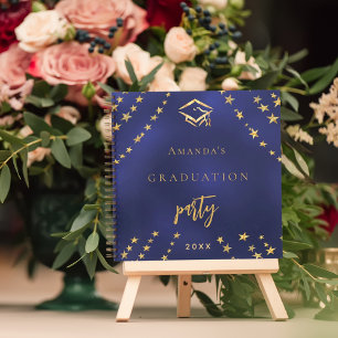 Guest book graduation navy blue gold stars