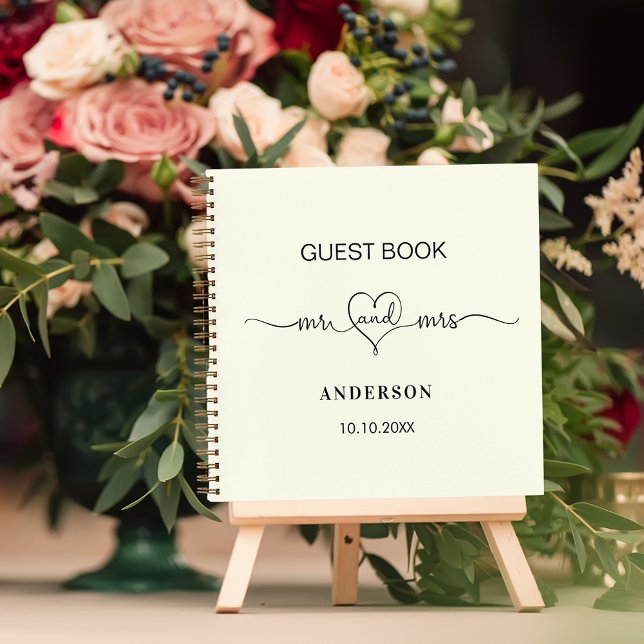Design 03 ivory Mr and Mrs personalised wedding guest book with heart script