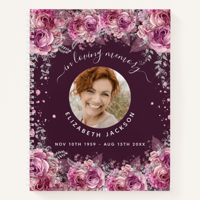 Guest book memorial burgundy florals photo funeral (Front)