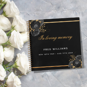 Guest book memorial funeral black gold floral
