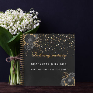 Guest book memorial funeral black gold floral