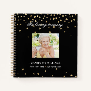 Guest book memorial funeral black gold hearts