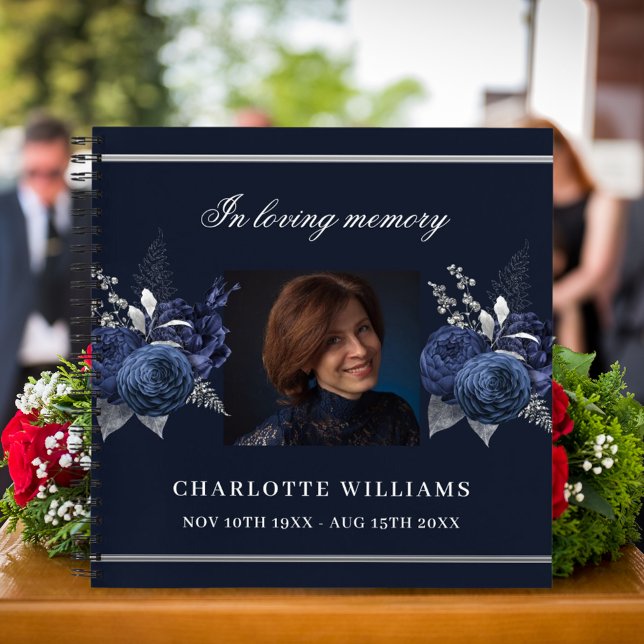 Guest book memorial funeral blue floral photo (Creator Uploaded)