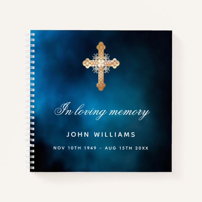 Guest book memorial funeral blue sky gold cross (Front)