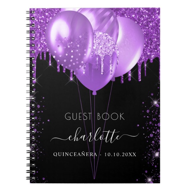 Guest book Quinceanera black purple glitter name (Front)