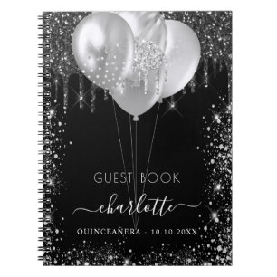 Guest book Quinceanera black silver glitter name