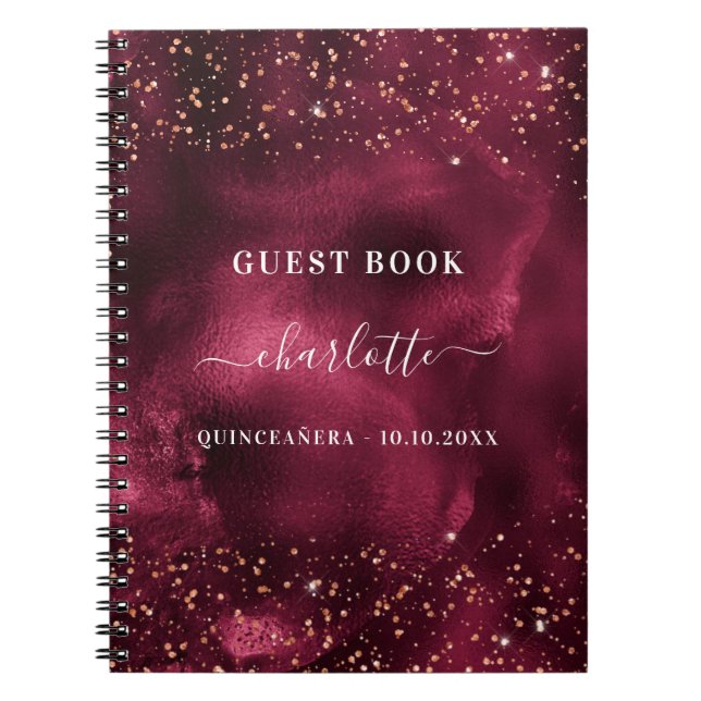 Guest book Quinceanera burgundy rose gold glitter (Front)