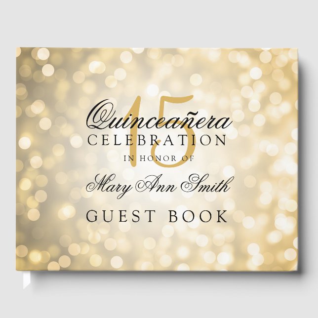Guest Book Quinceanera Gold Bokeh Lights (Front)