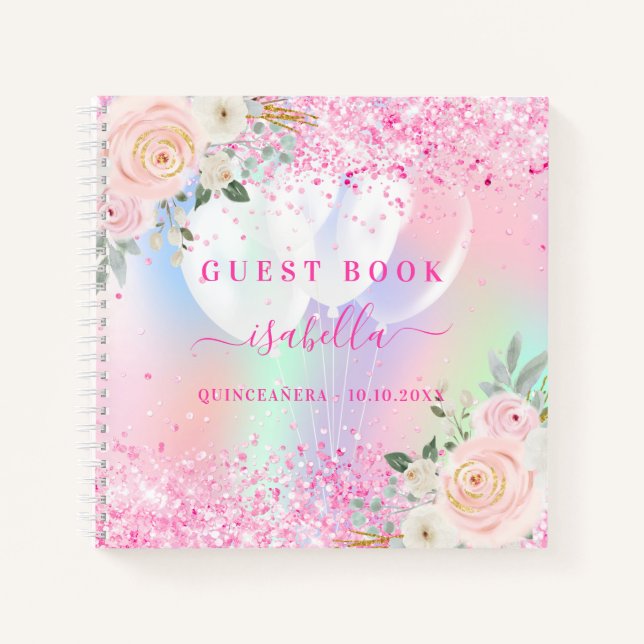 Guest book Quinceanera pink flowers holographic (Front)