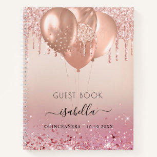 Guest book Quinceanera pink rose gold balloons