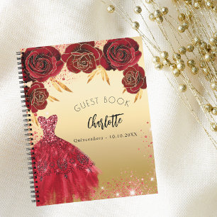 Guest book Quinceanera red gold glitter dress 