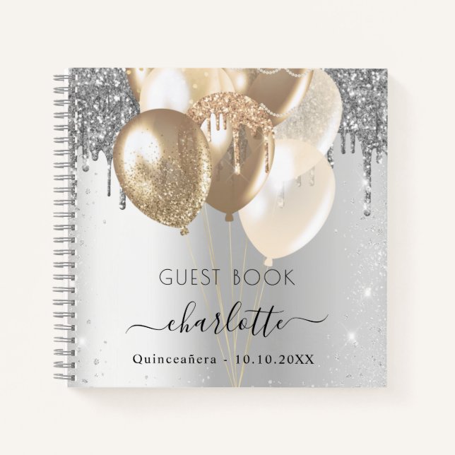 Guest book Quinceanera silver gold glitter balloon (Front)